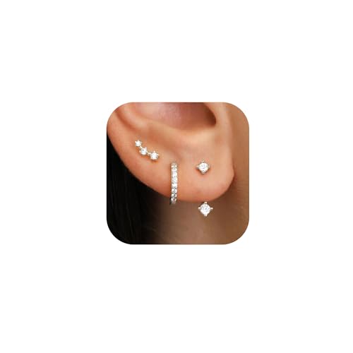 JUNVirtuous 925 Sterling Silver Earrings for Women Hypoallergenic 3 Pair Cubic Zirconia Small Silver...