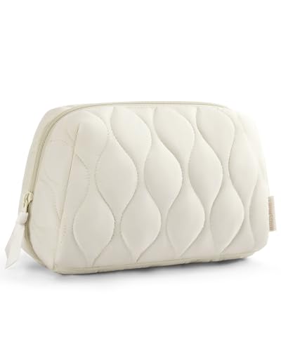 Image of BAGSMART Makeup Bag, Travel Cosmetic Bag, Puffy Padded Make Up Bag for Women, Makeup Organizer Case, Wide-open Pouch Purse, Travel Essentials, Toiletries Accessories Brushes, Beige