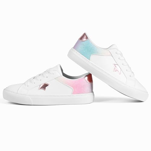 JUDIS Kids Glitter Fashion Sneakers Girls White PU Low Top Lace Up Casual Shoes3