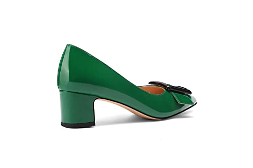 Tanaoen Women's Gold Metal Rectangle On Solid Patent Pointed Toe Chunky Low Heel Pumps Shoes 2 Inch Dark Green 10 #TOP3
