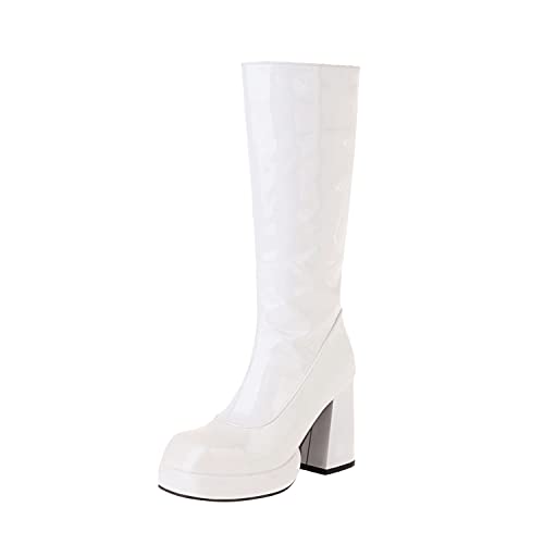 LanreyTaley Women Fashion Boots Platform Knee High Chunky Block High Heel Boots Zipper Cosplay Boots White Size 39 Asian