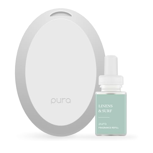 Pura Mini Smart Fragrance Diffuser for Small Spaces Adjustable Smart Home Device with LED Light & Automatic Vial Detection - Includes 1 Scent Refill - Linens & Surf