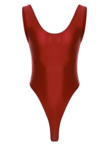 easyforever Men's Oily U Neck Sleeveless Bodysuit Stretchy Athletic Workout Thong Leotard Swimsuit Burgundy X-Large