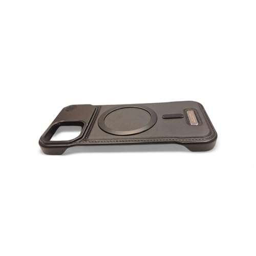 Image of Frameless Metal Case Compatible with MagSafe Luxury Aluminum Frame with PU Leather Finish Magnetic Ring with Wireless Charging Shockproof Premium Slim Case (Black, iPhone 14)