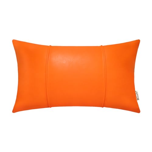 Image of BRAWARM Orange Leather Throw Pillow Covers 12 X 20 Inches - Faux Leather Lumbar Pillow Cover with Piping, Hand Stitched Leather Throw Pillow for Couch Sofa Bed Living Room Home Decorative
