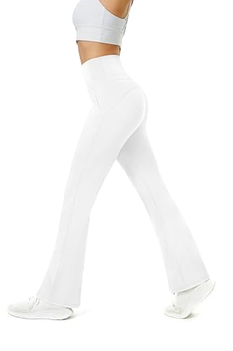 Friptspyg Damen Hose mit Taschen Casual Arbeit Hose High Waist Yogahose Stretch Jogginghose Bootcut Sporthose Freizeit Yoga Pants, Weiß M