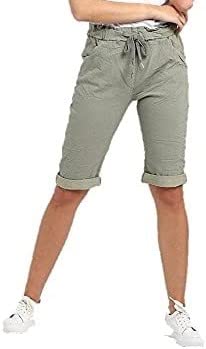 Chilgoza Pantalones cortos elásticos lisos para mujer, hasta la rodilla, mágicos, cómodos, con cintura elástica con cordón y bolsillos