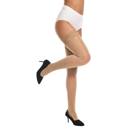 MANZI Shiny Thigh High Stockings Sexy Lace Top Stay Up Silky Sheer Stocking Shimmery Tights for Women 2 Pairs Pack