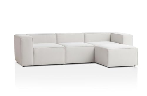 Traumnacht Genua Modular Ecksofa, individuell kombinierbare Wohnlandschaft aus Sitzelement mit Armteil Links, rechts, Sitzelement ohne Armteil und Hocker - strapazierfähiges Möbelgewebe, weiß