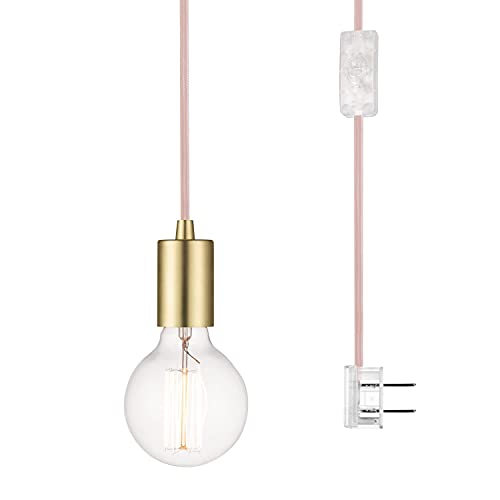 Globe Electric Novogratz x Globe 60605 Emile 1-Light Plug-in Exposed Socket Pendant, 15-ft Pink Cloth Cord, in-Line On Off Rocker Switch, Brass Socket