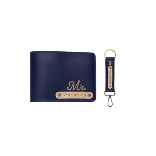 Image of Mens Leather Wallet and Keychain Combo Name Leather Wallet Keychain for Mens Personalized Wallet Keychain Set with Names Keychains for Men | Customised Gift Set for Men with Name & Charm, Blue