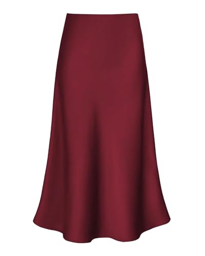 Modegal Women's Satin High Waist Hidden Elasticized Waistband Flared Casual A Line Midi Skirt (Wine Red, X-Large)
