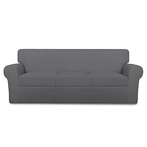 PureFit 4 Pieces Super Stretch Chair Couch Cover for 3 Cushion Slipcover – Spandex Non Slip Soft Sofa Cover for Kids, Pets, Washable Furniture Protector (Sofa, Gray)