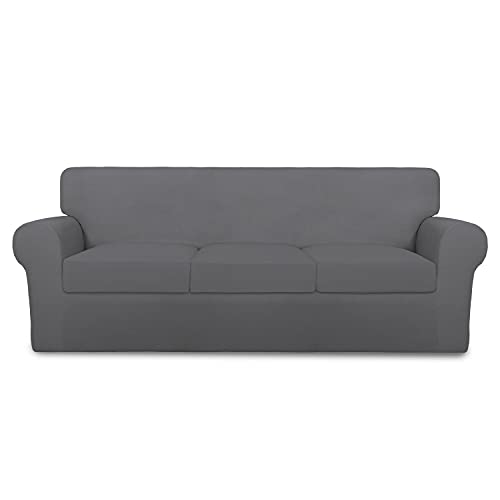 PureFit 4 Pieces Super Stretch Chair Couch Cover for 3 Cushion Slipcover – Spandex Non Slip Soft Sofa Cover for Kids, Pets, Washable Furniture Protector (Sofa, Gray)