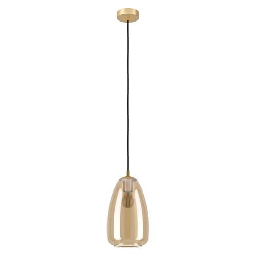 Eglo lámpara colgante Alobrase, luminaria de techo, luz pendiente de metal en latón pulido y cristal vaporizado en ámbar, candil de comedor, E27, Ø 20 cm