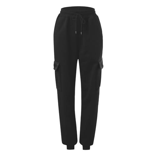 Pantalones deportivos delgados y holgados de cintura alta para mujer, cómodos, de cintura alta, con bolsillos, pantalones deportivos casuales de lino para mujer, Negro, L