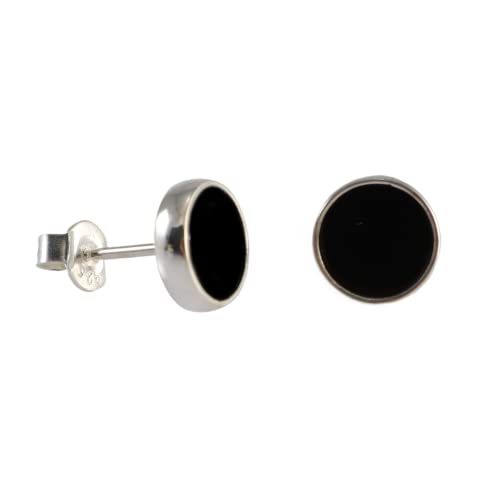 Echmeck Handmade Sterling Silver 925 Round 9Mm Flat Black Onyx Stone Stud Earrings - Unisex #TOP1