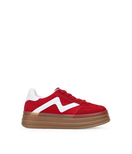 BOSANOVA Zapatillas Deportivas para Mujer en Serraje Piel con Nailon al Tono y Triple Suela de Plataforma. Cierre Mediante Cordones Planos. Calzado para Mujer Rojo 38