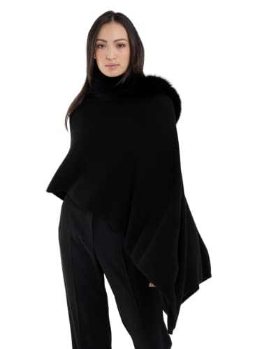 Luxe100% Cashmere Windchill Fox Trim Dress Topper Poncho: One-Size Cashmere Wrap Poncho - Lightweight, soft & Cozy2