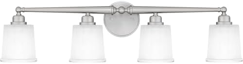 Quoizel Cecilia Bath Vanity Lights, 32 Inch 4-Light Brushed Nickel Bathroom Lighting Fixtures Over Mirror, Sandblasted Ribbed Glass Shades, Wall Mount Light for Bathrooms