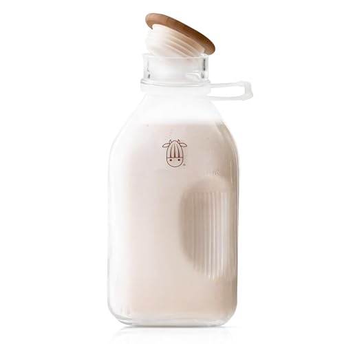 Almond Cow - Glass Pitcher with Lid and Spout Glass Bottle Milk Container for Refrigerator Clear Milk Jar Bottles Food-Grade Liquid Container - 60 fl oz Capacity 5 x 4 x 10 Inches