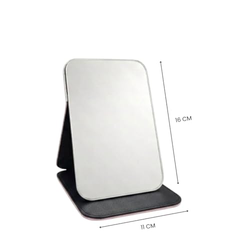 Image of Portable Folding Makeup Mirror with PU Leather Cover, Adjustable Stand HD Vanity Mirror for Travel, Bedroom, Dressing Table Compact Frameless Cosmetic Mirror for Girls & Women 16 x 11 cm(Pink)