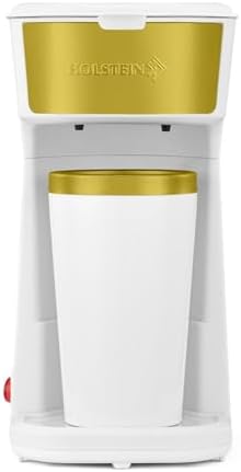 Holstein Housewares Single Serve Coffee Maker, 14oz Personal Coffee Brewer Machine with Reusable Filter, One Touch Operation & Auto Shut Off, White and Gold