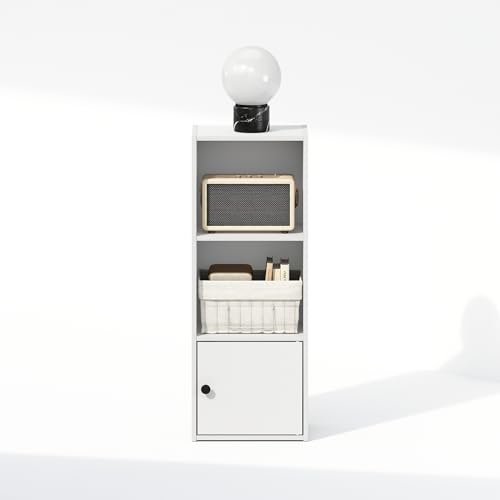 Furinno Luder 3-stöckiges Stehregal Bücherregal mit 1 Tür Aufbewahrungsschrank, Weiß