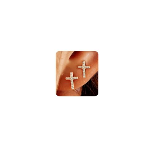 MUMREUES Gold Earrings for Women 14K Gold Cross Stud Earring Dainty Minimalist Simple Small Earrings Jewelry Gift for Her