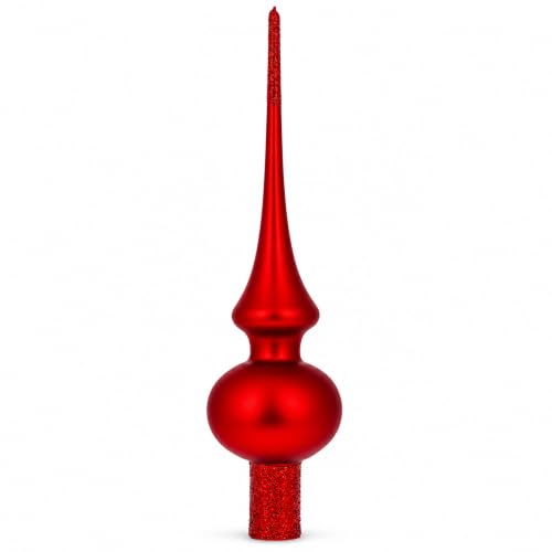 Matte Red with Sparkling Top Glass Christmas Tree Topper 11 Inches
