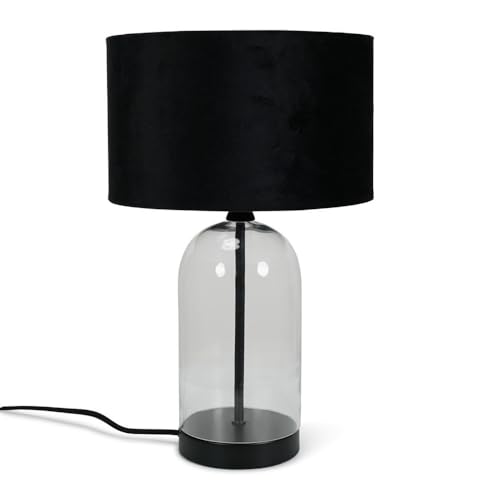 ValueLights | Glass and Black Metal Table Lamp with a Black Velvet Lampshade | Home Décor, Bedside & Desk Lamp | Includes Bulb [3000K Warm White]