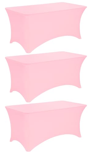 Image of 3 Pack 6FT Spandex Table Covers Washable Wrinkle Resistant Stretch Fitted Rectangle Tablecloth for Folding Table Wedding Party Birthday Banquet Bar Events(Pink)