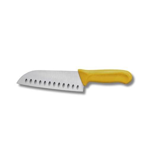 TrueCraftware- 7” Blade Santoku Knife Hollow Ground German Steel with Yellow Polypropylene Handle- Razor Sharp Kitchen Chefs Knife for Meat Poultry Cutting Home Kitchen Restaurants