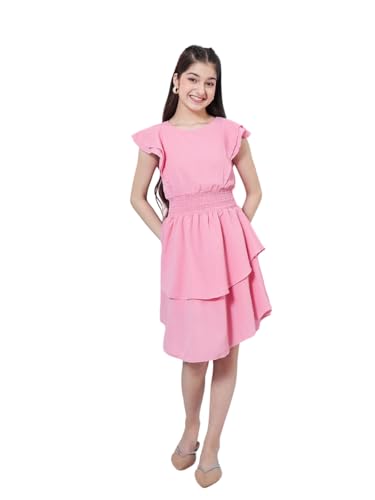 Image of Pspeaches Girl's Flutter Sleeve Layered Crepe Fit & Flare Dress Pink Color Stylish & Comfortable Wear
