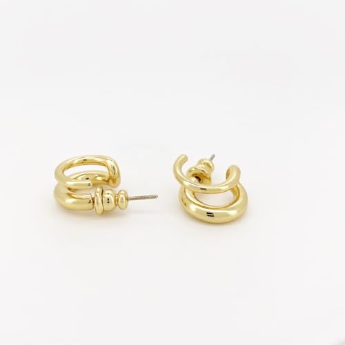 Image of Obidos 14K Gold Plated Illusion Stud Earrings for Women | Triple Huggie Hoop Earrings for One Hole| Trendy Simple Hypoallergenic Fashion Accessories Gold Jewelry Gifts for Womens
