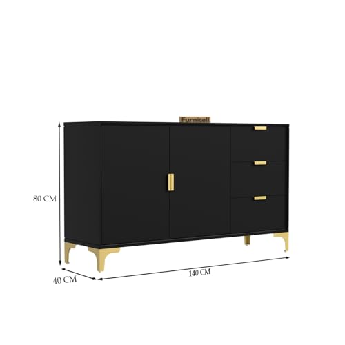 Image of Wooden Sideboard Cabinet for Living Room & Bedroom | Wooden Storage Cabinet with 2 Doors & 3 Drawers Storage | Large Storage Organizer /Cupboard | HDMR Premium Wood | Gold Metal Legs (Black)