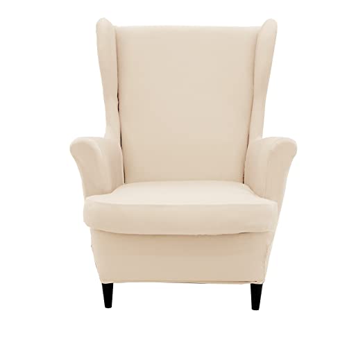 NILUOH Wingback Chair Cover 2-Piece Soft Stretch Wing Chair Slipcover Solid Color Armchair Sofa Couch Cover Furniture Protector with Elastic Bottom for Living Room Bedroom (Off-White)