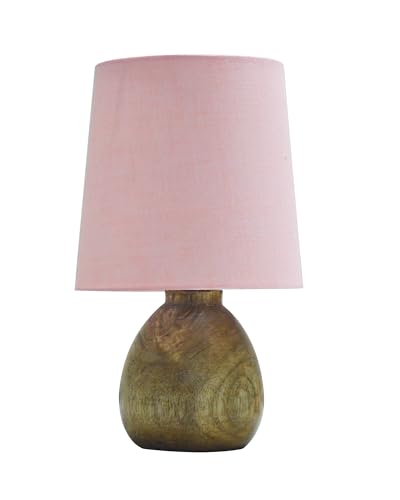 Image of Wooden Bedside Table Lamp with Fabric Shade, Warm Ambient Light, Handmade Mango Wood Base, Rustic Farmhouse Design, Cute Dowel, 15 x 15 x 25 cm (Pink)