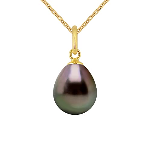 PEARLS & COLORS - Pendentif Fin Articulé Perle de Culture de Tahiti Poire 9-10 mm - Qualité A + - Disponible en Or Jaune & Or Blanc - Chaîne OFFERTE - Bijou...