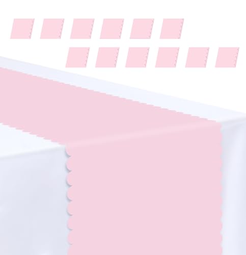 MUNILAIL 12 PCS Light Pink Scalloped Table Runner Plastic 14 x 108 Plastic Runners for Birthday Wedding Baby Shower Party Holiday Table Centerpiece Decorations Disposable Table Runner