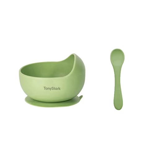 Image of TONY STARK Silicone Unbreakable Baby Bowl & Handle Spoon - Suction Design, Non-Slip, BPA Free, Dishwasher & Microwave Safe (Green, 1 Set)