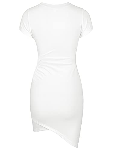 Laughido Tshirt Ruched Bodycon Mini Dress Women's Short Sleeve Casual Fitted Wrap Sundress (White, Small) #TOP1