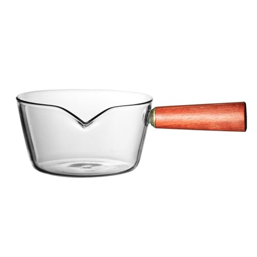 Verve Jelly Glass Milk Pot Nonstick Saucepan with Wooden Handle, Clear Milk Pan, Mini Butter Warmer for Cooking, Noodles, Soups, Hot Milk, 5.9 * 4.7 * 2.8in, 900ml