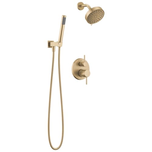Image of Delta Modern Round Shower System Faucet Set, Brushed Gold 6-inch Shower Head and Handle Set, Valve Trim Kit, Champagne Bronze T342704-CZ (Valve Not Included)