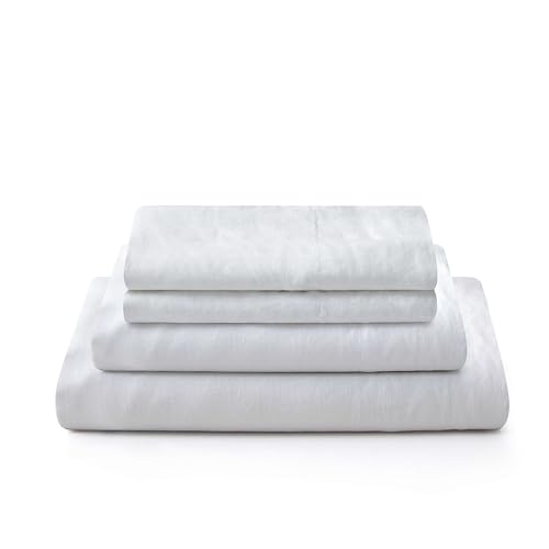 Image of ATLINIA 100% Pure Flax Linen Bedding Set - Stone Washed French Linen Fabric Deep Pocket Fitted Sheet Farmhouse Flat Sheet 2 Pillowcases (White, Full)