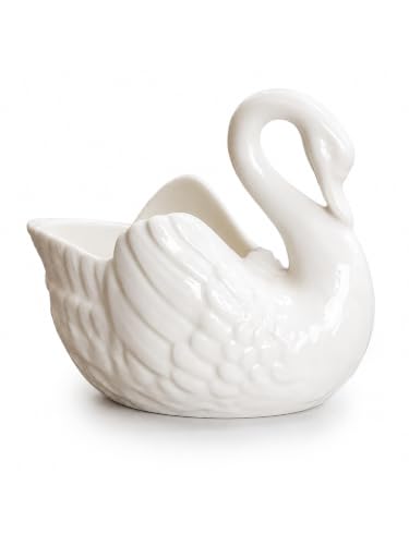 Ceramic Swan Planter, 4.4 in White Succulent Pot for Home, No Drainage Hole