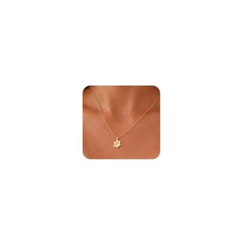 Small gold-toned pendant necklace shaped like a paw print with an engraved name