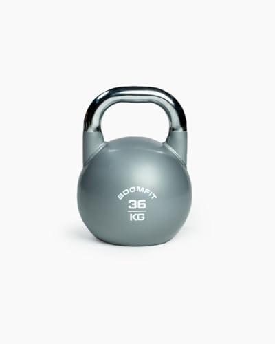 BOOMFIT Kettlebell de Competición 36 kg | Tamaño único para técnica constante y segura | Asa cómoda y base plana estable | Para fuerza y cardio funcional en casa o box | Pesa rusa 36 kg por color