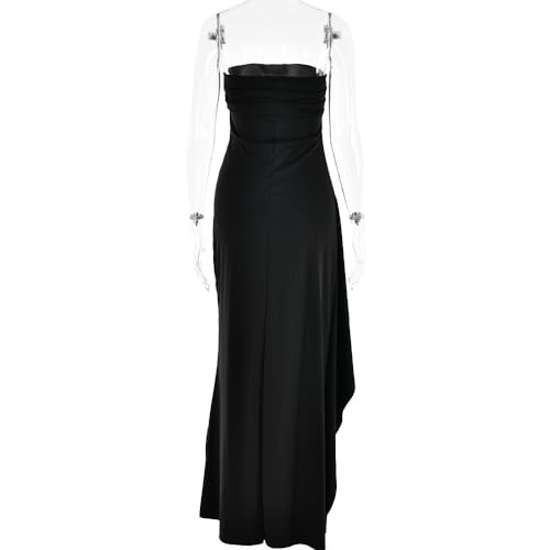 Women's Sexy Strapless Backless High Split Long Maxi Dress Ruched Off Shoulder Sleeveless Bodycon Party Cocktail Dresses