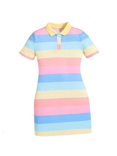 Floerns Girl's Colorblock Striped Collared Dress Button Short Sleeve Casual Short Dresses